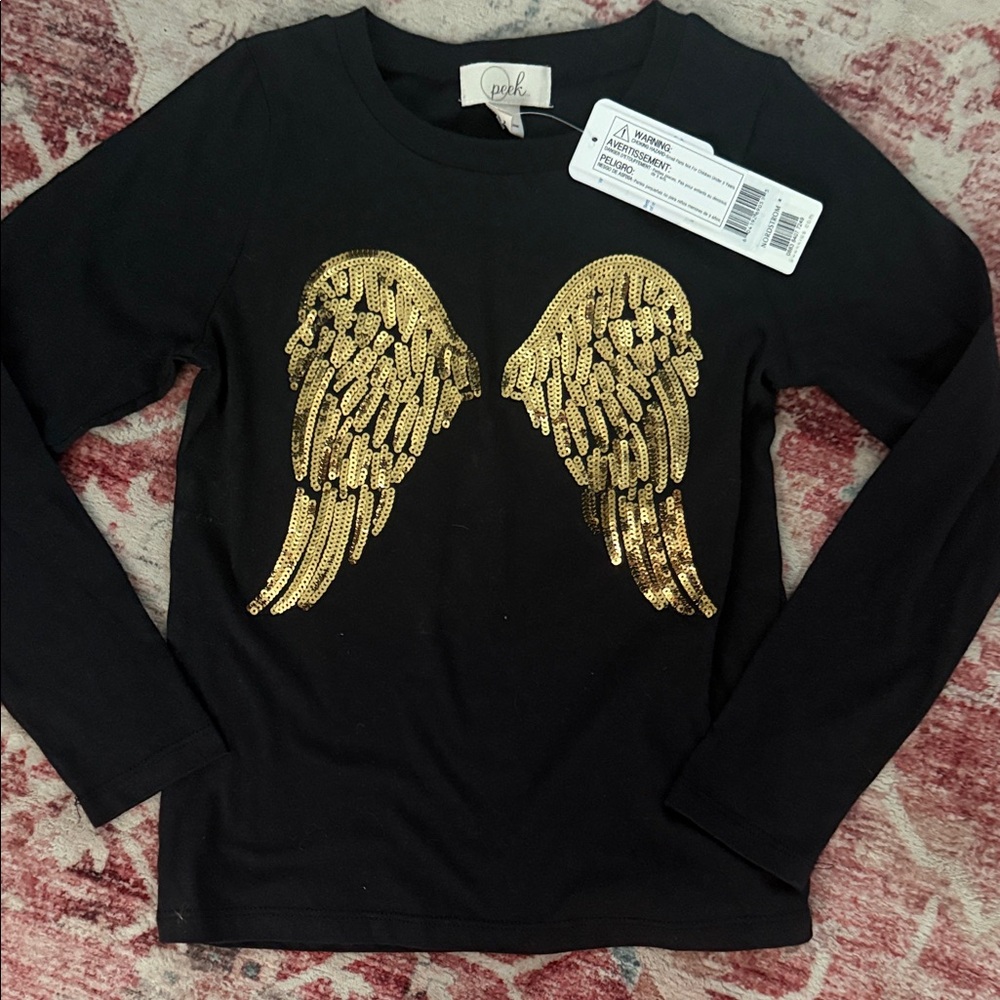 Peek Black Long Sleeve Top with Gold Sequin Wings